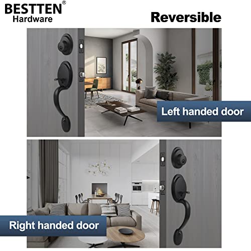 Bestten Front Door Short Handle Set, Exterior Handle Adjusted From 6.34In(161Mm) To 7.32In(186Mm), Oval Handleset With Single Cylinder Keyed Entry Deadbolt Lock And Interior Knob, Matte Black #TOP4