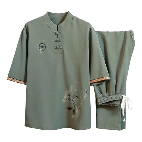 Cexiakong Traje de ocio para hombre de estilo chino, chándal de dos piezas, cuello alto, camisa de manga corta y pantalones de pierna ancha, traje de chándal de 2 piezas, traje de tai chi, traje