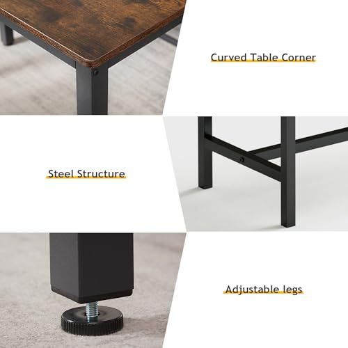 Rovibek Dining Room Table Bench Set for 4, Modern Space Saving Kitchen Table with with 2 Upholstered Benches & Adjustable Feet, Wooden Breakfast Table, 43", Brown
