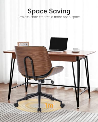 Image of Home Office Chair No Arms,Armless Adjustable Height Small Desk Chair,PU Leather Swivel Computer Chair with Wheels,Mid-Century Modern Walnut Mid Back Chair for Office, Reading Room,Bedroom(Black)