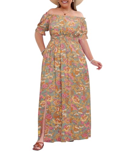 Image of Holipick Women's Off The Shoulder Boho Dress Plus Size Floral Smocked Waist Split Summer Maxi Sundress with Pockets