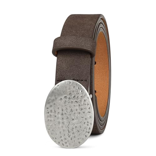 Women’s Suede Leather Belt Dark Brown Boho Waistband with Silver Round Buckle for Dresses, Jeans, Coastal Styling2