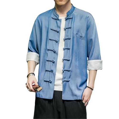 Chemise style chinois pour homme à col montant et manches courtes en polyester uni pour l'été
