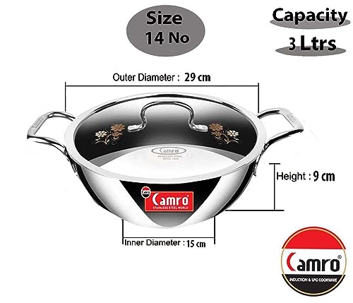 Image of Camro Triply Artisian Induction Friendly Kadhai with Lid 26 Cm, 3.3 LTR (14 No) | Triply Cookware Kadhai | Gas & Induction Base | 15+Years of Innovation and Quality