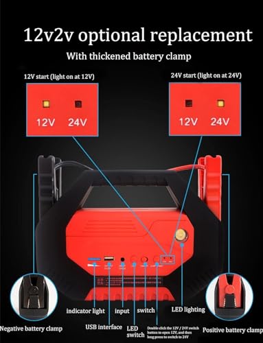 Arrancador de Coche de Emergencia de 12 V/24 V con Linterna LED, Carga rápida, Larga duración en Espera, Temperatura de Funcionamiento: de -20 °C a 85 °C.