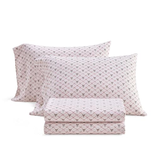 Image of Martha Stewart - Flannel Sheets Full Size, Anti-Pilling & Wrinkle Resistant Cotton, Touchably Soft for All-Season Comfort - Bed Sheets with Matching Pillowcases & Fitted Sheet (Holiday Bows Red)