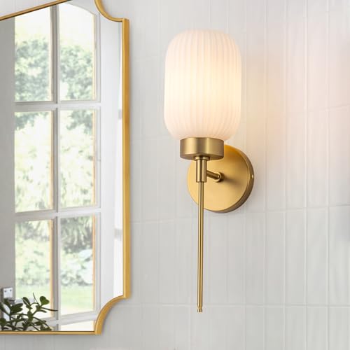 Image of Gold Bathroom Wall Sconce, 1-Light Single Bathroom Vanity Light, Modern Brass Wall Sconce with Frosted Milk White Striped Glass Shade for Bedroom Hallway Entrance