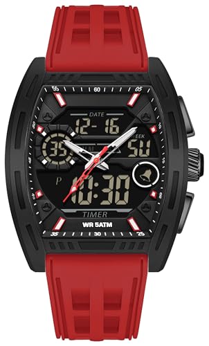 Tonneau Armbanduhr Herren Digital Analog Quarz Herrenuhr Militär Wasserdicht Leuchtend Chronograph Stoppuhr Drei Zeitzone Großes Zifferblatt Rechteckig Einzigartige Modische Business Schwarz Rot