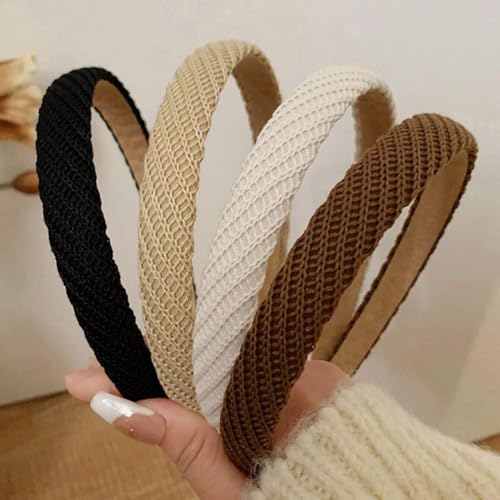 4 Piezas Diademas Trenzadas para Mujer,Diadema Tejida,Diademas de Pelo de Punto,Diademas de Moda,Cinta para el Pelo de Punto,Bandas de pelo de Punto para Mujeres y Niñas (Negro/Marrón/Caqui/Hueso)