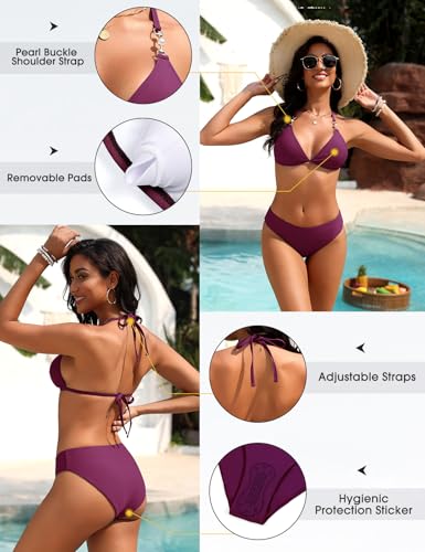 Vijamiy Triangel Bikini Damen Set Sexy Push Up Zweiteiliger Bademode String Bikinis für Damen Neckholder Swimsuit Träger Oberteil mit Riemen Perlen(Lila Rot, L)-4