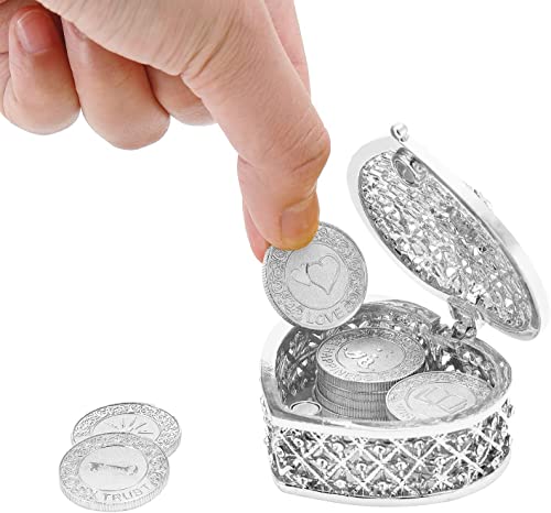 TINGKU 13 English Words Wedding Arras Unity Coins Set with Heart Shaped Box, Arras Para Boda Catolica for Wedding Ceremony - Silver Coins