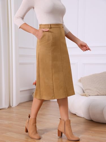 Seta T Women's Faux Suede Skirts Elastic High Waist Fall Winter A-Line Midi Skirt with Pockets3