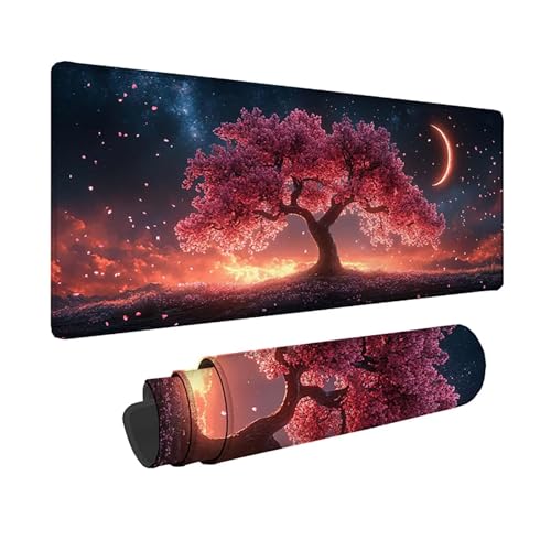 Tapis de souris XXL 150x80 cm rose aux fleurs de cerisier avec bords cousus pour bureau