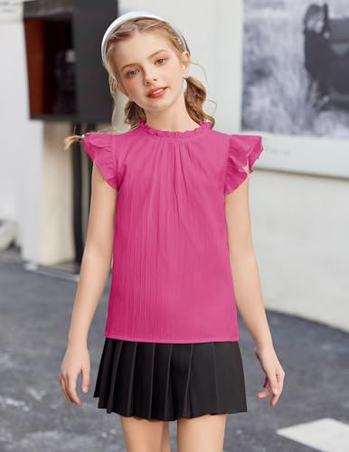 Image of Arshiner Girls Ruffle Short Sleeve Shirts Cute Summer Frill Neck Pleated Textured Blouse Tops