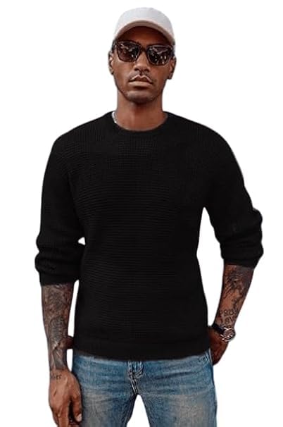 Image of ColorChakra Waffle Knit Mens Sweater Woolen Round Neck Wool Pullover