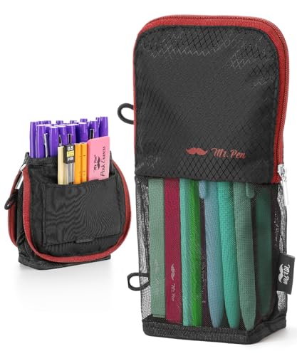 Mr. Pen- Standing Pencil Case Pouch, Sit & Lay Mesh-View Design, Black with Red Zipper, Interior Pocket & 2 Elastic Binder Loops, Cute Pencil Case for Girls and Boys