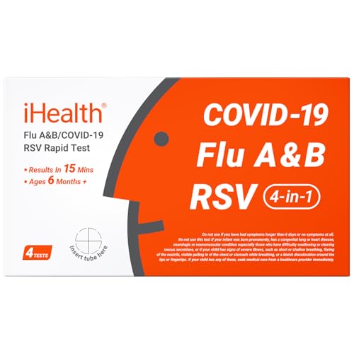 iHealth Flu A/B, COVID-19 & RSV 4-in-1 Antigen Rapid Test, Results in 15 Minutes, FDA Authorized OTC Home Test, Non-Invasive Nasal Swab, Easy to Use & No Discomfort (1 Pack, 4 Tests Total)