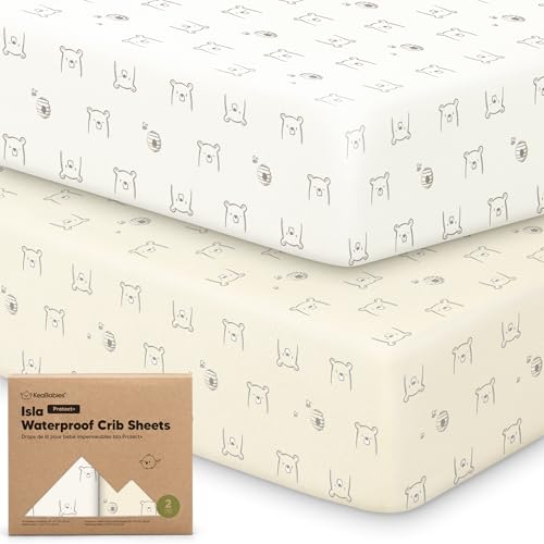 Image of 2-Pack Waterproof Baby Crib Sheets for Boys, Girls, 52x28 (Bumble Bear) | Viscose Derived from Bamboo Toddler Bed Sheet Neutral, Fitted Crib Mattress Protector Cover for Baby Bedding, Soft & Gentle