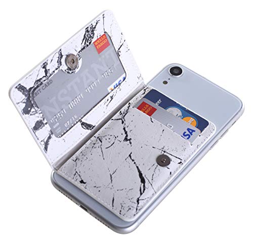 CheapSunday ID Card Holder for Back of Phone Leather Phone Wallet Stick On with Stand Flip Waterproof Leather Adhesive Wallet for Most Cellphones (Marble White)