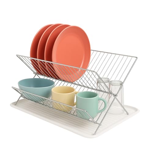 CHEFZOCO Escurreplato Plegable Acero Inoxidable y plástico, Escurridor de Platos, Escurridor Fregadero 2 módulos, Bandeja Anti Goteo, Organizador de vajilla, 42 cm Largo x 37 cm Fondo x 25 cm Altura
