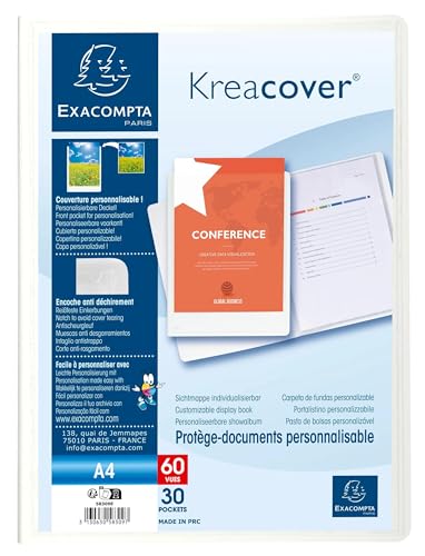 Protège-documents personnalisable Kreacover Exacompta blanc avec 30 pochettes lisses anti-reflet