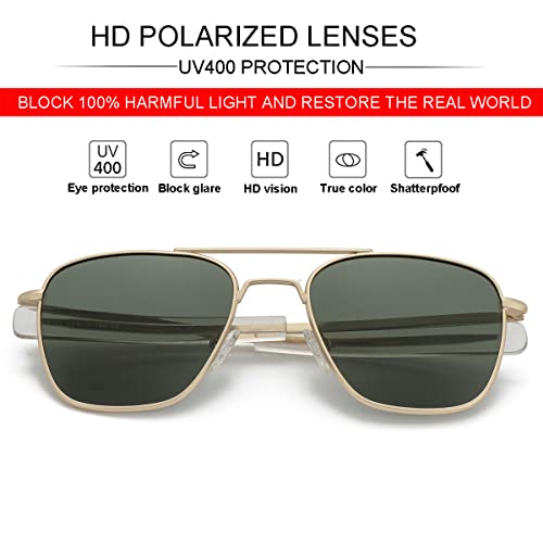 Jovakit Men's Polarized Aviator Sunglasses Retro Military Style Pilot Sun Glasses Bayonet Temples Uv400 Protection (Gold/Green) #TOP1