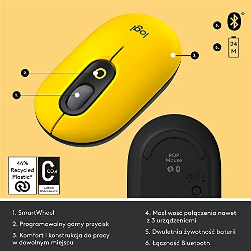 Logitech POP bezprzewodowa myszka - custom emoji, technologia SilentTouch, precyzja przewijania, kompaktowy design, Bluetooth, obsługa wielu urządzeń, zgodność OS - Blast