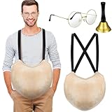 Suhine 3 Pcs Christmas Santa Belly Costumes Set Fake Padded Belly Round Clear Lens Glasses Gold Hand Bells for Men