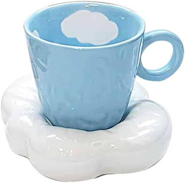Hand Painted Ceramic Coffee Cup Saucer Set Cute Sky And White Handmade Clouds Mugs Simple Breakfast Cups(D)