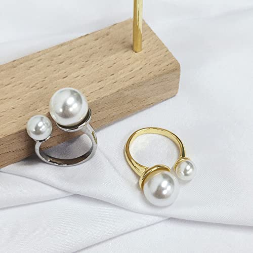Double Simulated Pearl Wrap Ring for Women Promise Statement Two Pearls Open Midi Knuckle Rings Open Cuff Band Comfort Fit Adjustable Engagement Wedding Mother's Day Jewelry Gift4