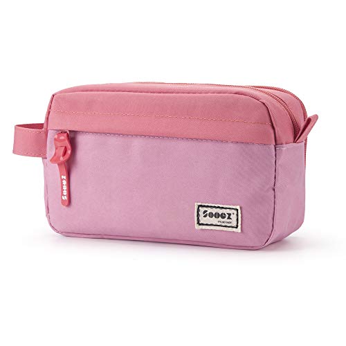 Image of Sooez High Capacity Pencil Case, Big Pencil Bag Pouch Box Organizer Pen Case, Portable Journaling Supplies with Easy Grip Handle & Loop, Asthetic Supply for Girls Adults, Pink