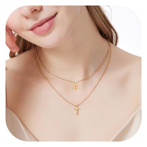 Layered Initial and Cross Necklaces for Women Dainty Christian Jewelry Personalized Name Necklace Christian Gift for Her Elegant 18k Gold Plated Initial Necklace for Women2