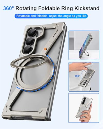 Image of Z Shaped Metal Frameless Phone Case for Samsung Galaxy Z Fold 7 with Wireless Charging | Minimalist Bezel Less with 360 Magnetic Ring Kickstand (Grey)