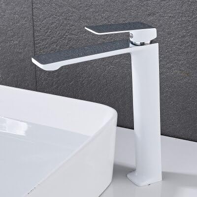 Mitigeur lavabo cascade chrome et blanc pour salle de bains en laiton