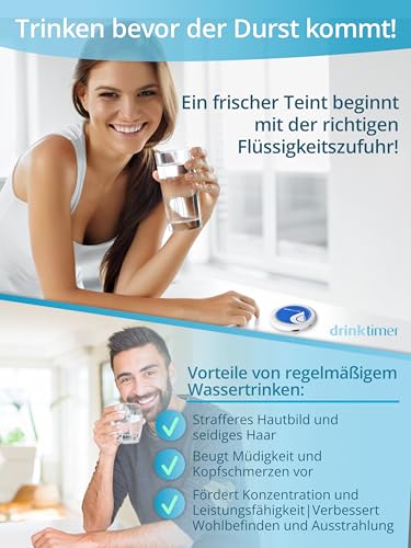 Trinkerinnerung drinktimer 2.0 – Achtsamkeit Trink Coach – Mehr Wasser trinken Alarm – Hilfe für bessere Flüssigkeitszufuhr – Ausreichend trinken hilft gegen Müdigkeit, Kopfschmerzen und Stress