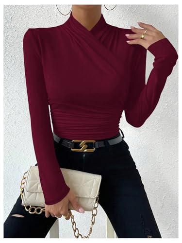 Image of SweatyRocks Women's Ruched Mock Neck Long Sleeve T Shirt Solid Slim Fitted Tee Tops