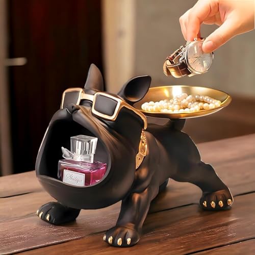 Image of Cool Bulldog Key Bowl & Accessory Tray - Matte Black & Gold Resin Dog Sculpture Multifunctional Organizer Showpiece for Keys Watches & Candy (Black & Gold, Dog with Tail Plate)
