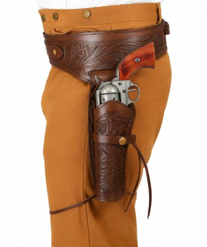 Western Tooled Leather Holster Belt Fits .38/.357 Cal Revolver Left-Hand Draw Brown Color Cowboy Gun Belt with Cartridge Loops Fast Draw Western Holster Rig Sizes 34-52 (Brown 42-44)