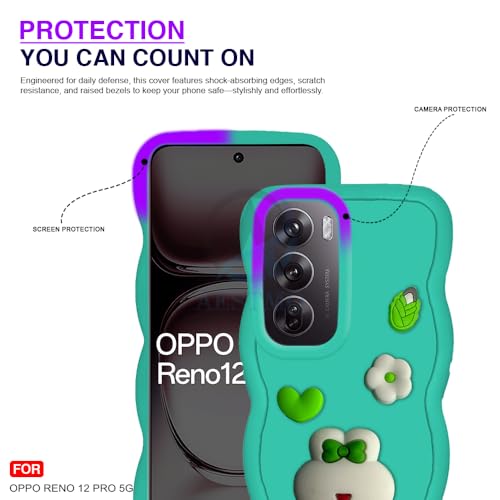 Image of AESTMO Back Case Cover for Oppo Reno 12 Pro 5G | 3D Cute Fun Cartoon Characters | Anti Slip Grip Cute Wave Curly Frame Shape | Full Body Protection Back Cover for Oppo Reno 12 Pro 5G|(Mint Green)