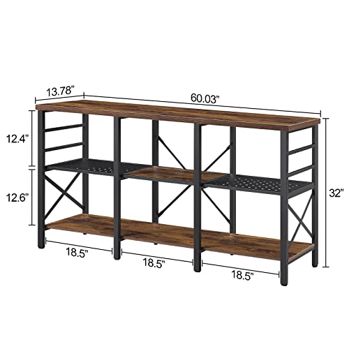 Homissue 3-Tier Console Sofa Table, Industrial Vintage 60-Inch Long Entryway Table With Open Storage Shelf For Living Room, Hallway, Brown #TOP1