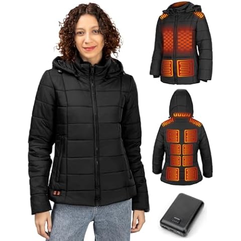Heated Jacket for Women with Battery Pack 7.4V/16000mAh, Winter Heating Coat with Detachable Hood (US, Alpha, 3X-Large, Regular, Regular, Black) Cover