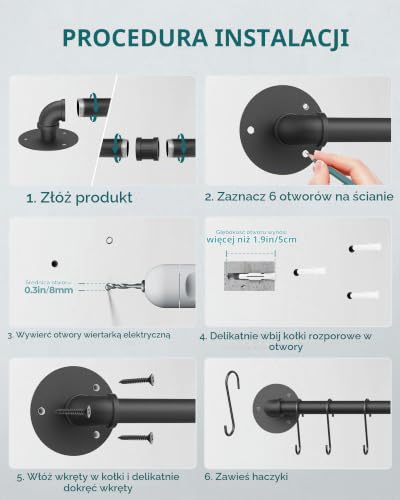 OROPY uchwyt ścienny na garnek i patelnię, stojak barowy, 100 cm, metalowy, styl industrialny, wiszący drążek na przybory kuchenne, wieszak, organizer z 14 haczykami, czarny