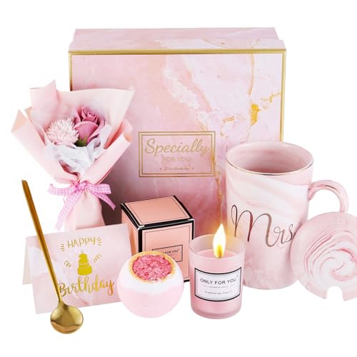 Regalos de cumpleaños para mujeres - Cesta de regalo de lujo con taza, vela, bomba de baño, ramo de jabón, ideal para mamá, esposa, hermana, amiga, mejor amiga, colega Regalos de cumpleaños para mujeres - Cesta de regalo de lujo con taza, vela, bomba de baño, ramo de jabón, ideal para mamá, esposa, hermana, amiga, mejor amiga, colega