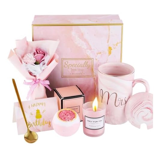 Regalos de cumpleaños para mujeres - Cesta de regalo de lujo con taza, vela, bomba de baño, ramo de jabón, ideal para mamá, esposa, hermana, amiga, mejor amiga, colega