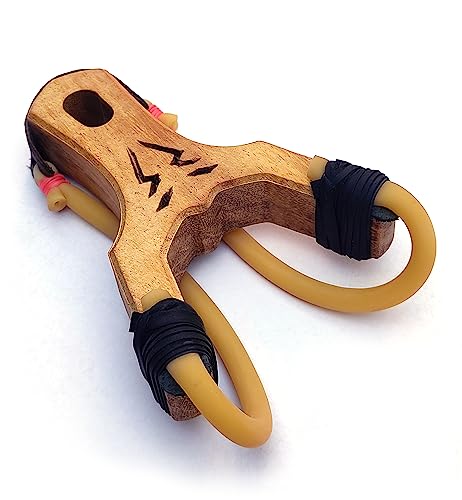 Image of Wooden Slingshot Catapult, Hard Wood, Natural Wood Color, Yellow Rubber, Strong Grip, Extra Material, Best for Kids, Hikers, Trekkers, Pocket Shooter Series - Classic Shooter Pro Wild
