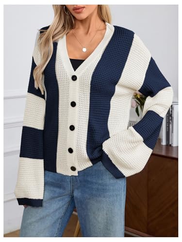 Women's Color Block Button Down Cardigan Bell Sleeve V Neck Knitted Outerwear
