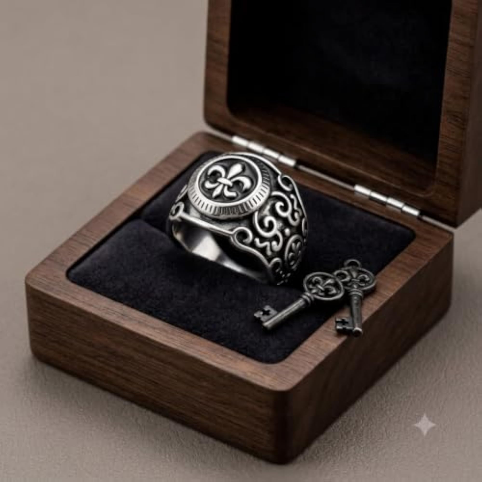 Men's Fleur de Lis Statement Ring, Black & Silver