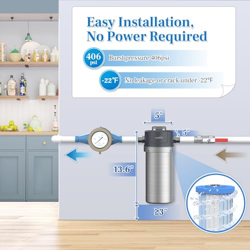 OEMIRY Whole House Water Filter, Stainless Steel Filter Housing, 10"x4.5" Sediment Filter Pre-Filtration System for Well or City Water, 1" or 3/4" NPT Port, 1 Filter — view 6