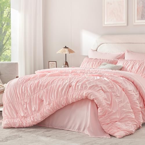 Image of Andency Ruched Queen Comforter Set Pink, 7 Pieces Ruffle Bed in a Bag, Shabby Chic Pleat Bedding Set with Comforter, Sheets, Pillowcase & Sham, Lightweight, Soft, All Season