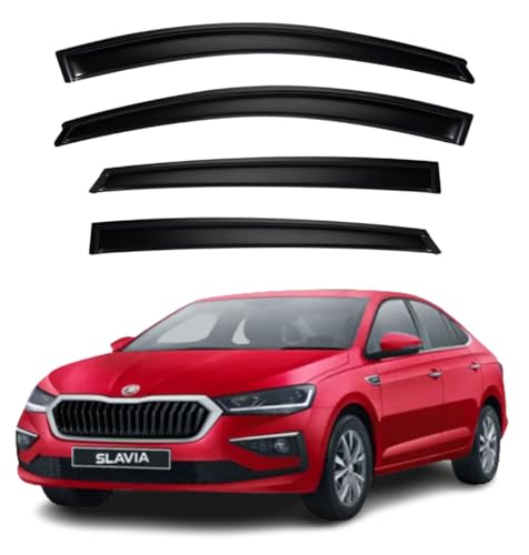 Image of Premium Smoke Car Door Visor Front+Rear Sun /Rain Guard Outside Mount Tape-On Window Visors Compatible with Skoda Slavia (2025-2026)